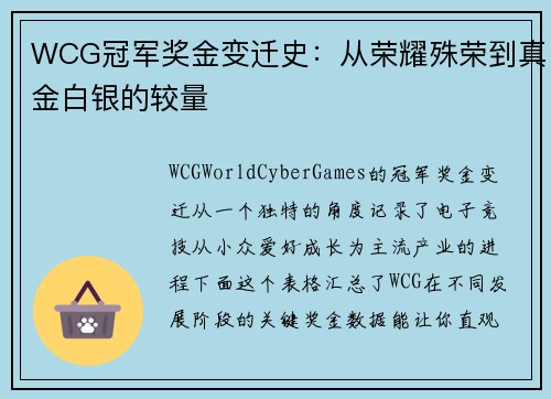 WCG冠军奖金变迁史：从荣耀殊荣到真金白银的较量
