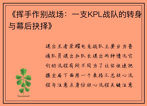 《挥手作别战场：一支KPL战队的转身与幕后抉择》